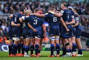 3 May 2025; Leinster players huddle during the Investec Champions Cup semi-final match between Leinster and Northampton Saints at the Aviva Stadium in Dublin. Photo by Seb Daly/Sportsfile