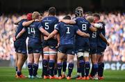 3 May 2025; Leinster players huddle during the Investec Champions Cup semi-final match between Leinster and Northampton Saints at the Aviva Stadium in Dublin. Photo by Brendan Moran/Sportsfile