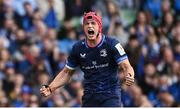 3 May 2025; Josh van der Flier of Leinster, right, celebrates his side winning a penalty during the Investec Champions Cup semi-final match between Leinster and Northampton Saints at the Aviva Stadium in Dublin. Photo by David Fitzgerald/Sportsfile
