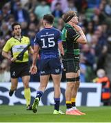 3 May 2025; Henry Pollock of Northampton Saints celebrates after scoring his side's second try during the Investec Champions Cup semi-final match between Leinster and Northampton Saints at the Aviva Stadium in Dublin. Photo by David Fitzgerald/Sportsfile