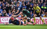 3 May 2025; Josh van der Flier of Leinster dives over to score his side's second try during the Investec Champions Cup semi-final match between Leinster and Northampton Saints at the Aviva Stadium in Dublin. Photo by Seb Daly/Sportsfile