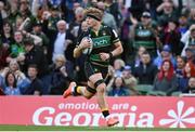 3 May 2025; Henry Pollock of Northampton Saints on his way to scoring his side's second try during the Investec Champions Cup semi-final match between Leinster and Northampton Saints at the Aviva Stadium in Dublin. Photo by David Fitzgerald/Sportsfile