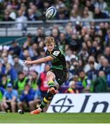 3 May 2025; Fin Smith of Northampton Saints kicks a conversion during the Investec Champions Cup semi-final match between Leinster and Northampton Saints at the Aviva Stadium in Dublin. Photo by David Fitzgerald/Sportsfile