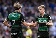 3 May 2025; Fin Smith, right, and Henry Pollock of Northampton Saints during the Investec Champions Cup semi-final match between Leinster and Northampton Saints at the Aviva Stadium in Dublin. Photo by Seb Daly/Sportsfile