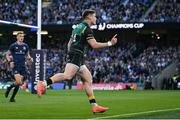 3 May 2025; Tommy Freeman of Northampton Saints celebrates after scoring his side's third try during the Investec Champions Cup semi-final match between Leinster and Northampton Saints at the Aviva Stadium in Dublin. Photo by David Fitzgerald/Sportsfile