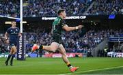 3 May 2025; Tommy Freeman of Northampton Saints celebrates after scoring his side's third try during the Investec Champions Cup semi-final match between Leinster and Northampton Saints at the Aviva Stadium in Dublin. Photo by David Fitzgerald/Sportsfile