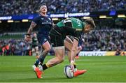 3 May 2025; Tommy Freeman of Northampton Saints scores his side's third try during the Investec Champions Cup semi-final match between Leinster and Northampton Saints at the Aviva Stadium in Dublin. Photo by David Fitzgerald/Sportsfile