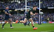 3 May 2025; Tommy Freeman of Northampton Saints scores his side's third try during the Investec Champions Cup semi-final match between Leinster and Northampton Saints at the Aviva Stadium in Dublin. Photo by David Fitzgerald/Sportsfile