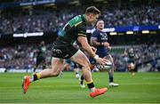 3 May 2025; Tommy Freeman of Northampton Saints on his way to scoring his side's third try during the Investec Champions Cup semi-final match between Leinster and Northampton Saints at the Aviva Stadium in Dublin. Photo by David Fitzgerald/Sportsfile