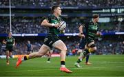 3 May 2025; Tommy Freeman of Northampton Saints on his way to scoring his side's third try during the Investec Champions Cup semi-final match between Leinster and Northampton Saints at the Aviva Stadium in Dublin. Photo by David Fitzgerald/Sportsfile