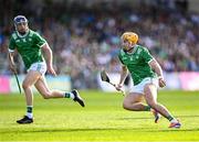 3 May 2025; Adam English of Limerick on the attack, supported by team-mate David Reidy, left, during the Munster GAA Hurling Senior Championship Round 3 match between Waterford and Limerick at Walsh Park in Waterford. Photo by Piaras Ó Mídheach/Sportsfile