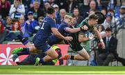 3 May 2025; Tommy Freeman of Northampton Saints dives over to score his side's fourth try during the Investec Champions Cup semi-final match between Leinster and Northampton Saints at the Aviva Stadium in Dublin. Photo by David Fitzgerald/Sportsfile