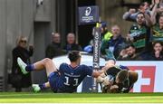 3 May 2025; Tommy Freeman of Northampton Saints dives over to score his side's fourth try during the Investec Champions Cup semi-final match between Leinster and Northampton Saints at the Aviva Stadium in Dublin. Photo by David Fitzgerald/Sportsfile