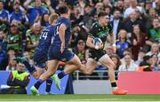 3 May 2025; Tommy Freeman of Northampton Saints on his way to scoring his side's fourth try during the Investec Champions Cup semi-final match between Leinster and Northampton Saints at the Aviva Stadium in Dublin. Photo by David Fitzgerald/Sportsfile