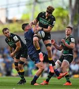 3 May 2025; Henry Pollock of Northampton Saints in action against Dan Sheehan of Leinster contest a high ball during the Investec Champions Cup semi-final match between Leinster and Northampton Saints at the Aviva Stadium in Dublin. Photo by Brendan Moran/Sportsfile