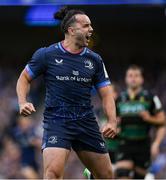 3 May 2025; James Lowe of Leinster celebrates a kick to touch during the Investec Champions Cup semi-final match between Leinster and Northampton Saints at the Aviva Stadium in Dublin. Photo by Brendan Moran/Sportsfile