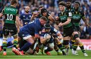 3 May 2025; Caelan Doris of Leinster dives over to score his side's third try during the Investec Champions Cup semi-final match between Leinster and Northampton Saints at the Aviva Stadium in Dublin. Photo by David Fitzgerald/Sportsfile