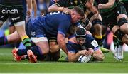 3 May 2025; Caelan Doris of Leinster dives over to score his side's third try during the Investec Champions Cup semi-final match between Leinster and Northampton Saints at the Aviva Stadium in Dublin. Photo by David Fitzgerald/Sportsfile