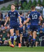 3 May 2025; Jordie Barrett of Leinster high fives team-mate Sam Prendergast as he makes his way onto the field as a substitute during the Investec Champions Cup semi-final match between Leinster and Northampton Saints at the Aviva Stadium in Dublin. Photo by David Fitzgerald/Sportsfile