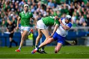 3 May 2025; Stephen Bennett of Waterford is fouled by Diarmaid Byrnes of Limerick who subsequently received a yellow card during the Munster GAA Hurling Senior Championship Round 3 match between Waterford and Limerick at Walsh Park in Waterford. Photo by Tom Beary/Sportsfile
