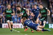 3 May 2025; James Ramm of Northampton Saints is tackled by Tommy O'Brien of Leinster during the Investec Champions Cup semi-final match between Leinster and Northampton Saints at the Aviva Stadium in Dublin. Photo by David Fitzgerald/Sportsfile