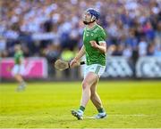 3 May 2025; Shane O'Brien of Limerick celebrates scoring a point during the Munster GAA Hurling Senior Championship Round 3 match between Waterford and Limerick at Walsh Park in Waterford. Photo by Piaras Ó Mídheach/Sportsfile
