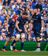 3 May 2025; Ryan Baird of Leinster, left, and team-mate RG Snyman celebrate a turnover during the Investec Champions Cup semi-final match between Leinster and Northampton Saints at the Aviva Stadium in Dublin. Photo by Brendan Moran/Sportsfile