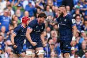 3 May 2025; Ryan Baird of Leinster, left, and team-mate RG Snyman celebrate a turnover during the Investec Champions Cup semi-final match between Leinster and Northampton Saints at the Aviva Stadium in Dublin. Photo by Brendan Moran/Sportsfile