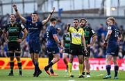 3 May 2025; Sam Prendergast of Leinster, left, reacts as a replay is shown on the big screen during the Investec Champions Cup semi-final match between Leinster and Northampton Saints at the Aviva Stadium in Dublin. Photo by Seb Daly/Sportsfile
