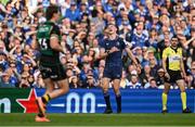 3 May 2025; Sam Prendergast of Leinster reacts to a missed conversion during the Investec Champions Cup semi-final match between Leinster and Northampton Saints at the Aviva Stadium in Dublin. Photo by Brendan Moran/Sportsfile