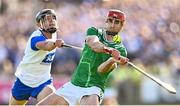 3 May 2025; Barry Nash of Limerick in action against Patrick Curran of Waterford during the Munster GAA Hurling Senior Championship Round 3 match between Waterford and Limerick at Walsh Park in Waterford. Photo by Piaras Ó Mídheach/Sportsfile