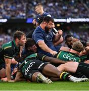 3 May 2025; Rabah Slimani of Leinster celebrates as team-mate Josh van der Flier, hidden, scores their side's fourth try during the Investec Champions Cup semi-final match between Leinster and Northampton Saints at the Aviva Stadium in Dublin. Photo by David Fitzgerald/Sportsfile