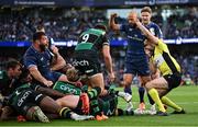 3 May 2025; Leinster players celebrate as Josh van der Flier, hidden, scores their side's fourth try during the Investec Champions Cup semi-final match between Leinster and Northampton Saints at the Aviva Stadium in Dublin. Photo by David Fitzgerald/Sportsfile
