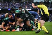 3 May 2025; Josh van der Flier of Leinster, hidden, scores his side's fourth try during the Investec Champions Cup semi-final match between Leinster and Northampton Saints at the Aviva Stadium in Dublin. Photo by David Fitzgerald/Sportsfile