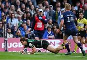 3 May 2025; James Ramm of Northampton Saints dives over to score his side's fifth try during the Investec Champions Cup semi-final match between Leinster and Northampton Saints at the Aviva Stadium in Dublin. Photo by Seb Daly/Sportsfile