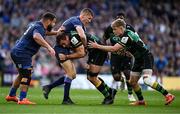 3 May 2025; Josh Kemeny of Northampton Saints is tackled by Sam Prendergast of Leinster during the Investec Champions Cup semi-final match between Leinster and Northampton Saints at the Aviva Stadium in Dublin. Photo by Seb Daly/Sportsfile