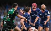 3 May 2025; Josh van der Flier of Leinster, centre, congratulates team-mate Ryan Baird after winning a turnover during the Investec Champions Cup semi-final match between Leinster and Northampton Saints at the Aviva Stadium in Dublin. Photo by David Fitzgerald/Sportsfile