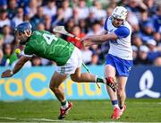 3 May 2025; Shane Bennett of Waterford has a shot on goal blocked down by Mike Casey of Limerick during the Munster GAA Hurling Senior Championship Round 3 match between Waterford and Limerick at Walsh Park in Waterford. Photo by Piaras Ó Mídheach/Sportsfile