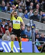 3 May 2025; Referee Pierre Brousset shows a yellow card to Josh Kemeny of Northampton Saints, not pictured, during the Investec Champions Cup semi-final match between Leinster and Northampton Saints at the Aviva Stadium in Dublin. Photo by Seb Daly/Sportsfile
