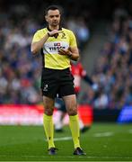 3 May 2025; Referee Pierre Brousset during the Investec Champions Cup semi-final match between Leinster and Northampton Saints at the Aviva Stadium in Dublin. Photo by Brendan Moran/Sportsfile