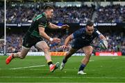 3 May 2025; James Lowe of Leinster dives over to score his side's fifth try during the Investec Champions Cup semi-final match between Leinster and Northampton Saints at the Aviva Stadium in Dublin. Photo by Brendan Moran/Sportsfile