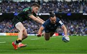 3 May 2025; James Lowe of Leinster dives over to score his side's fifth try during the Investec Champions Cup semi-final match between Leinster and Northampton Saints at the Aviva Stadium in Dublin. Photo by Brendan Moran/Sportsfile