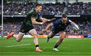 3 May 2025; James Lowe of Leinster dives over to score his side's fifth try during the Investec Champions Cup semi-final match between Leinster and Northampton Saints at the Aviva Stadium in Dublin. Photo by Brendan Moran/Sportsfile
