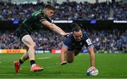 3 May 2025; James Lowe of Leinster dives over to score his side's fifth try during the Investec Champions Cup semi-final match between Leinster and Northampton Saints at the Aviva Stadium in Dublin. Photo by Brendan Moran/Sportsfile