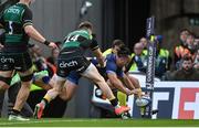 3 May 2025; James Lowe of Leinster dives over to score his side's fifth try during the Investec Champions Cup semi-final match between Leinster and Northampton Saints at the Aviva Stadium in Dublin. Photo by David Fitzgerald/Sportsfile