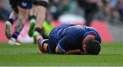 3 May 2025; Rabah Slimani of Leinster reacts after a tackle from Josh Kemeny of Northampton Saints which subsequently resulted in a yellow card for the Northampton Saints player during the Investec Champions Cup semi-final match between Leinster and Northampton Saints at the Aviva Stadium in Dublin. Photo by Seb Daly/Sportsfile