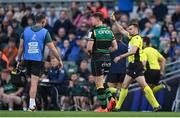 3 May 2025; Referee Pierre Brousset shows a yellow card to Josh Kemeny of Northampton Saints, not pictured, during the Investec Champions Cup semi-final match between Leinster and Northampton Saints at the Aviva Stadium in Dublin. Photo by David Fitzgerald/Sportsfile