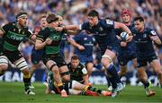 3 May 2025; Joe McCarthy of Leinster holds off Henry Pollock of Northampton Saints during the Investec Champions Cup semi-final match between Leinster and Northampton Saints at the Aviva Stadium in Dublin. Photo by Brendan Moran/Sportsfile