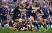 3 May 2025; Joe McCarthy of Leinster holds off Henry Pollock of Northampton Saints during the Investec Champions Cup semi-final match between Leinster and Northampton Saints at the Aviva Stadium in Dublin. Photo by Brendan Moran/Sportsfile