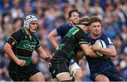 3 May 2025; Jordie Barrett of Leinster is tackled by Henry Pollock of Northampton Saints during the Investec Champions Cup semi-final match between Leinster and Northampton Saints at the Aviva Stadium in Dublin. Photo by Brendan Moran/Sportsfile